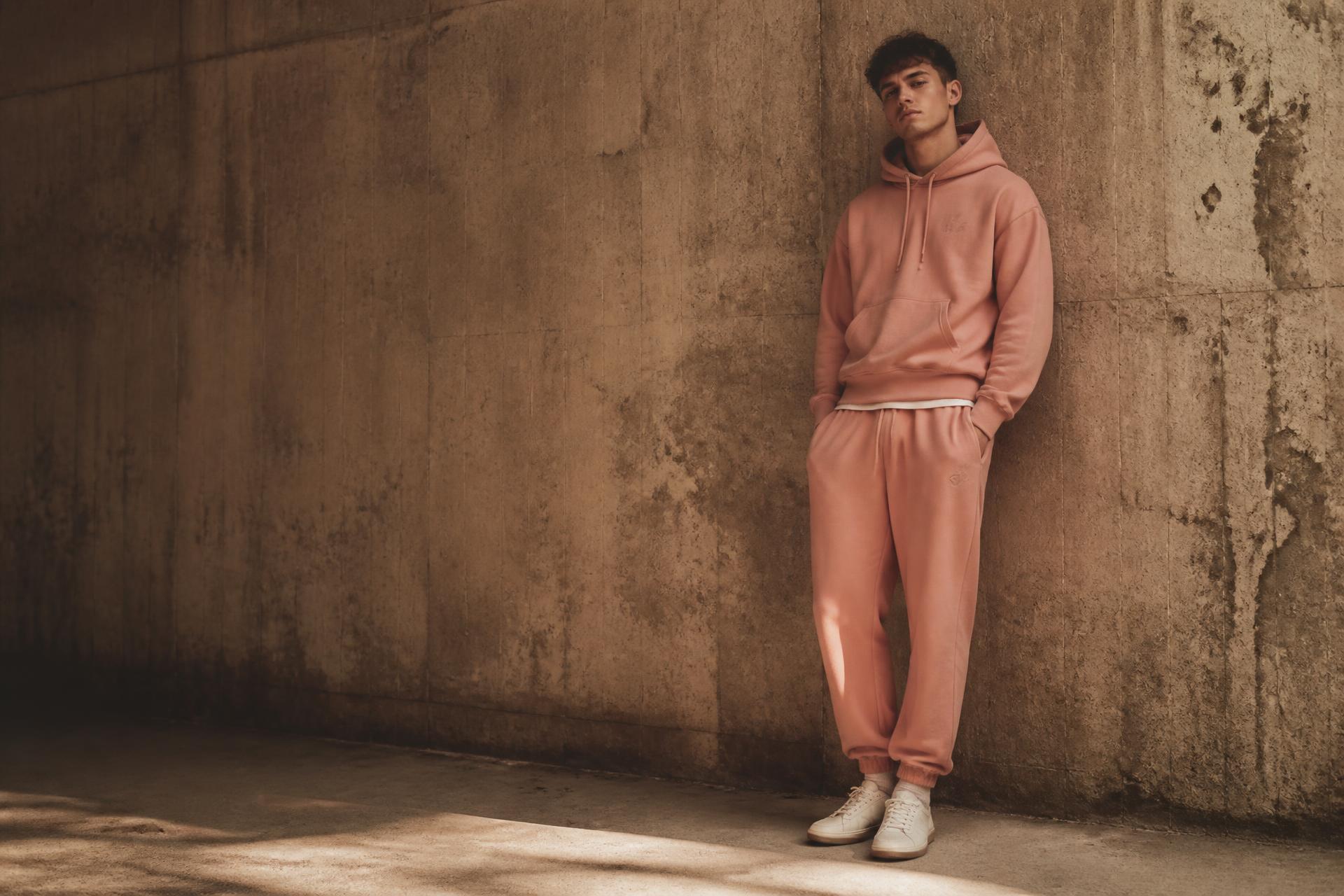 Model wearing the salmon Loyalty Pays Off hoodie and jogger set